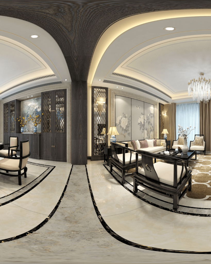 Una vista panorámica de 360 grados de una lujosa sala de estar en una suite. Los muebles elegantes y modernos están dispuestos de forma acogedora, con una decoración cuidadosamente seleccionada y una iluminación suave que crea un ambiente cálido y acogedor